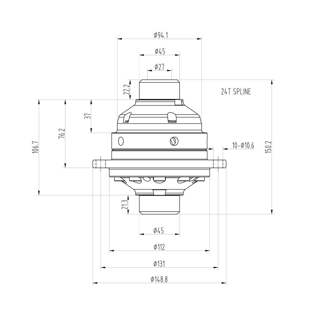 Technical drawing of a Blackline HLF150 limited slip differential