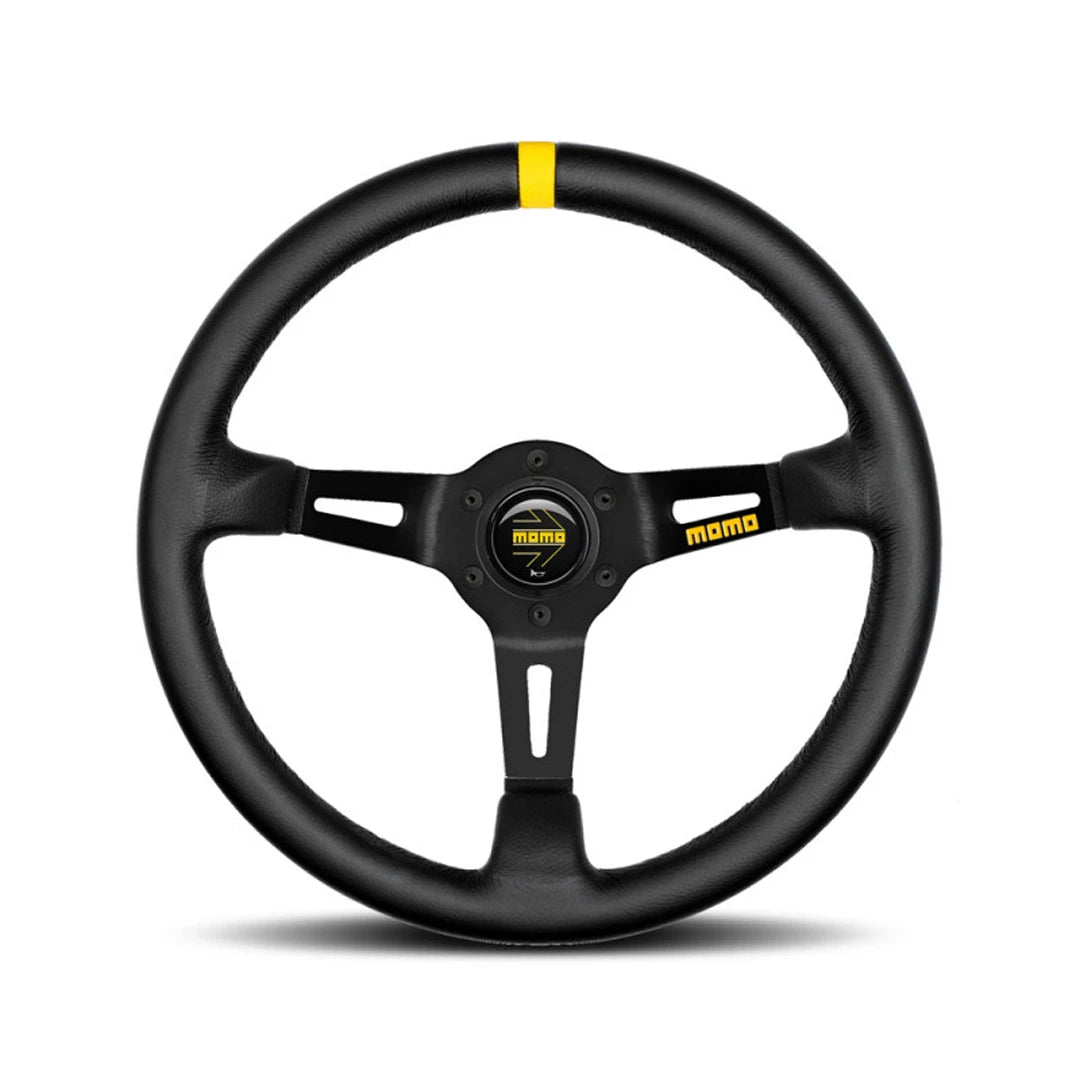 Black steering wheel with yellow accent and Momo logo on a white background