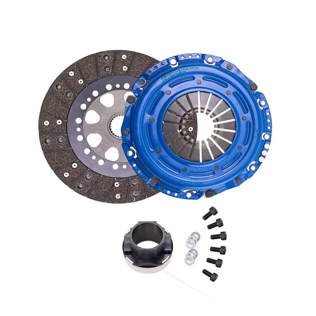 A clutch kit including a blue clutch press assembly, a dark gray friction plate, a black release bearing