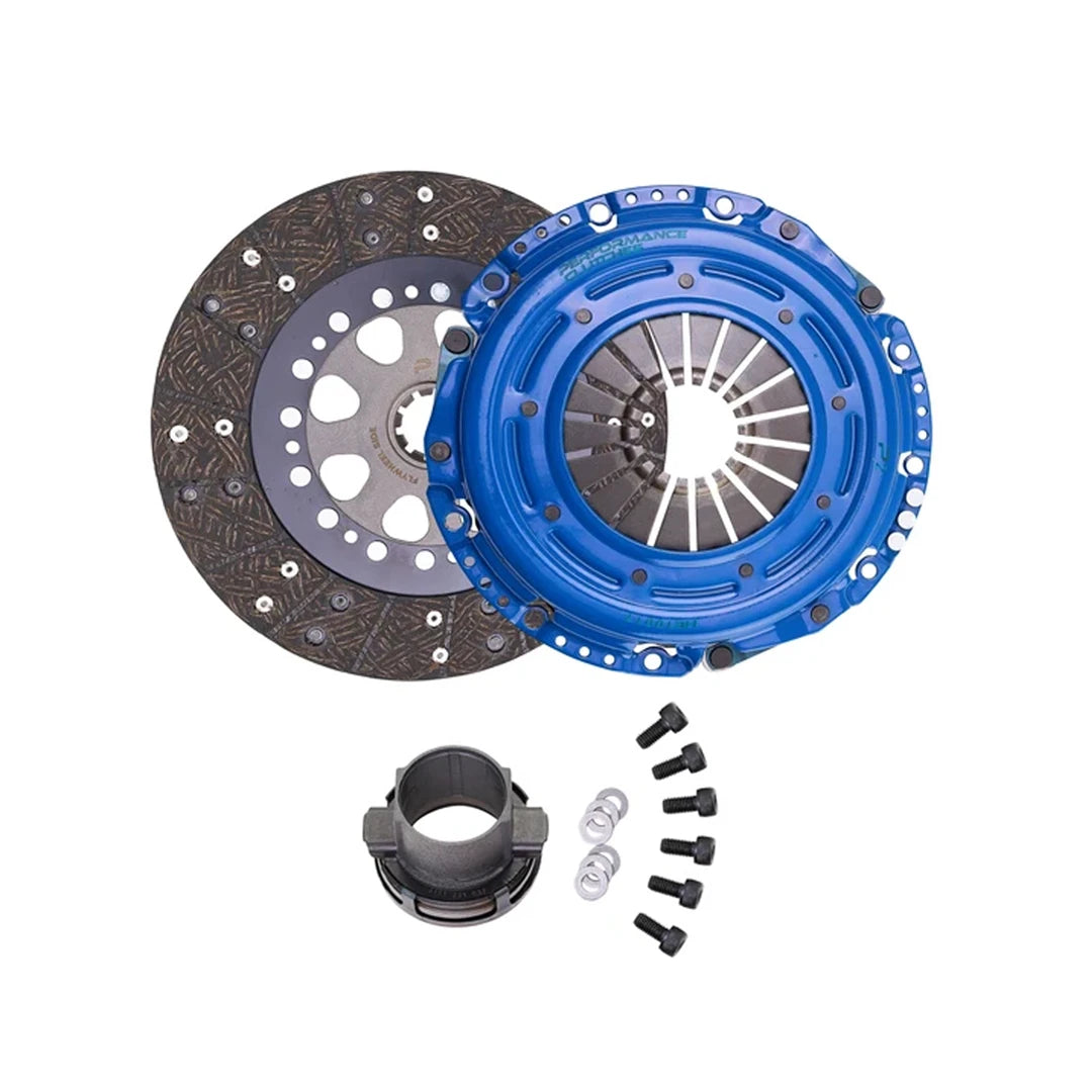 A clutch kit set featuring a blue anodized clutch pressure plate, a dark grey friction disc, a black release bearing