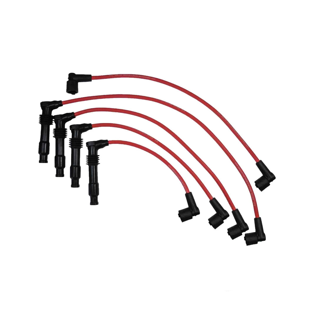Set of red ignition cables with black connectors on a white background