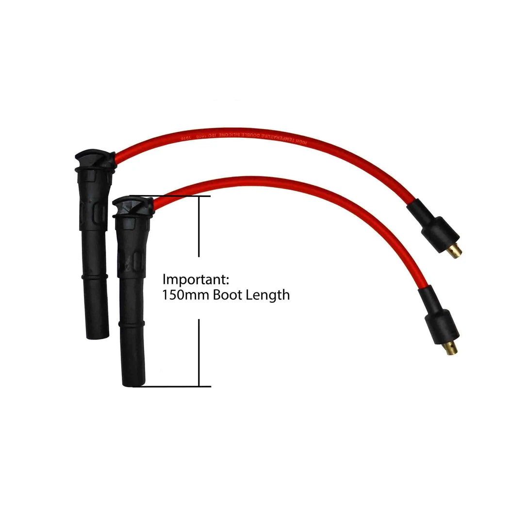 Two ignition cables with red wires and black connectors on a white background, showing a measurement label for boot length.