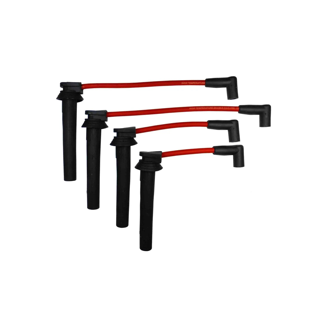 Set of black ignition cables with red connectors on a white background