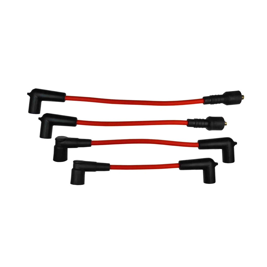 Set of red ignition cables with black connectors on a white background