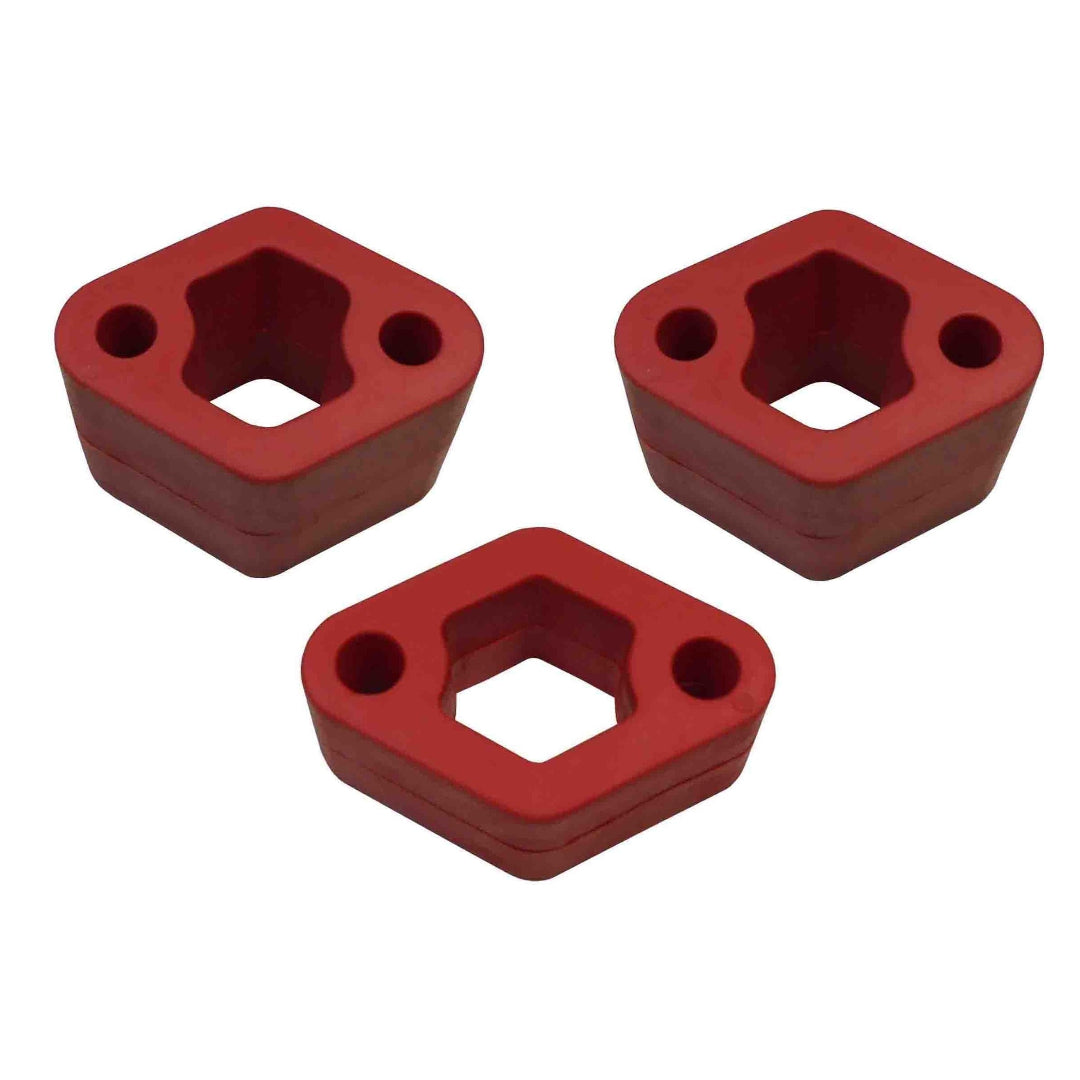 A set of three red rubber exhaust mounts for Peugeot 205 models.