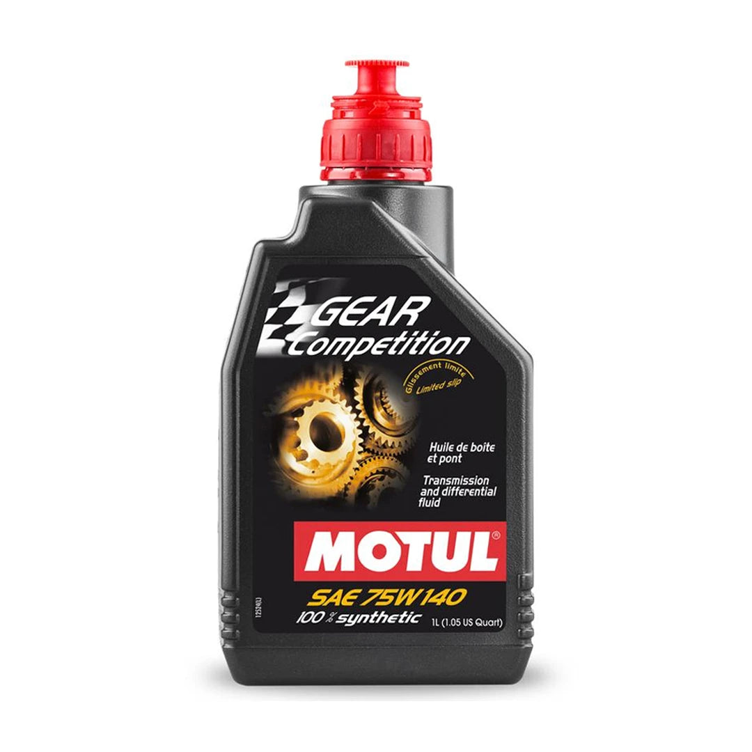 Motul gear oil bottle with red cap on a white background