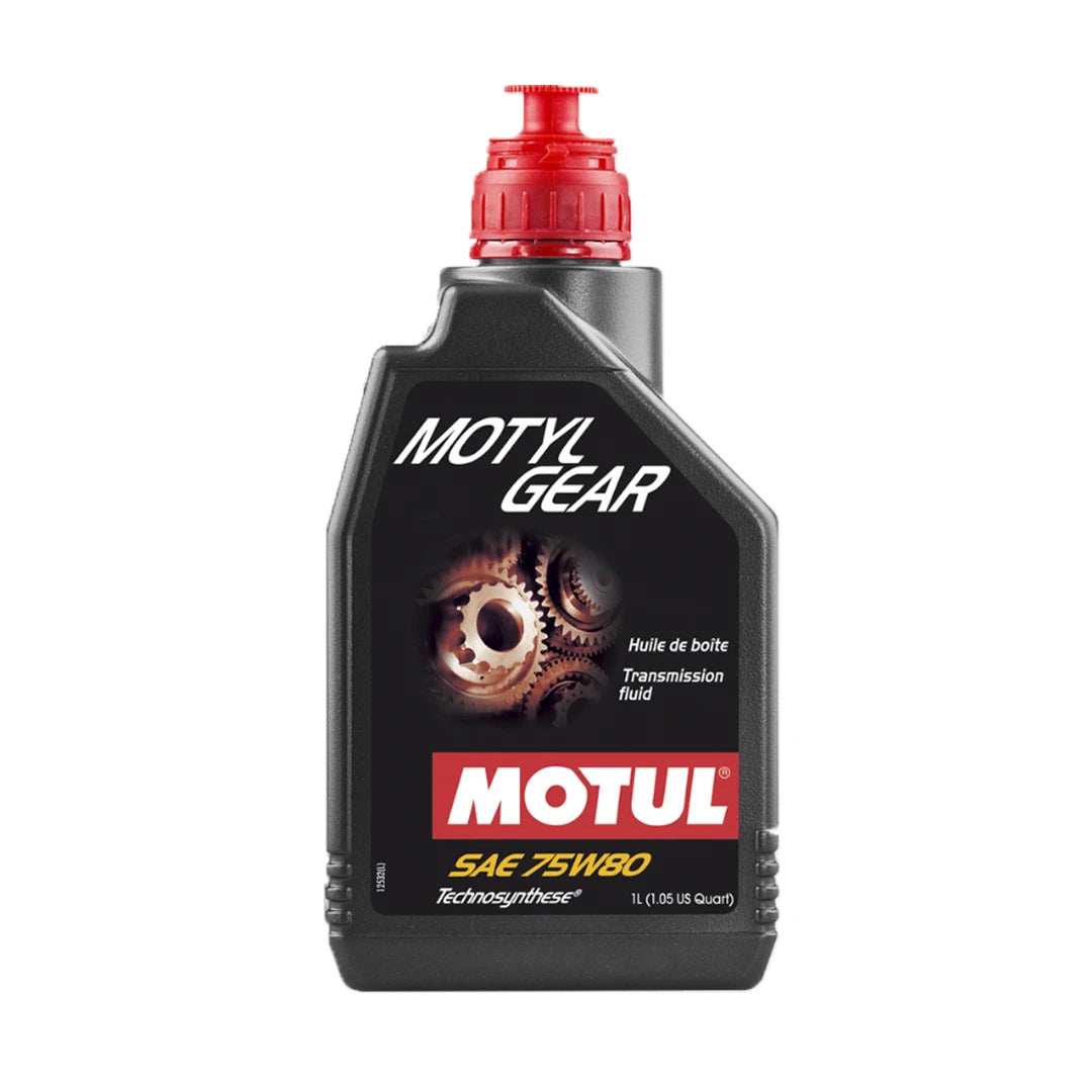 Motul gear oil bottle with red cap on a white background
