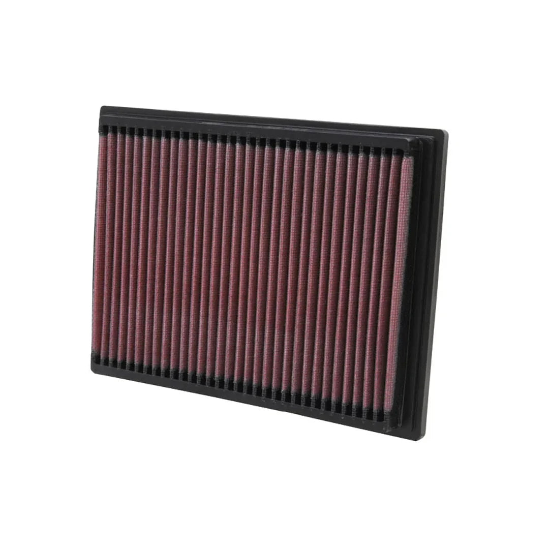 K&N red pleated high performance panel air filter on a white background