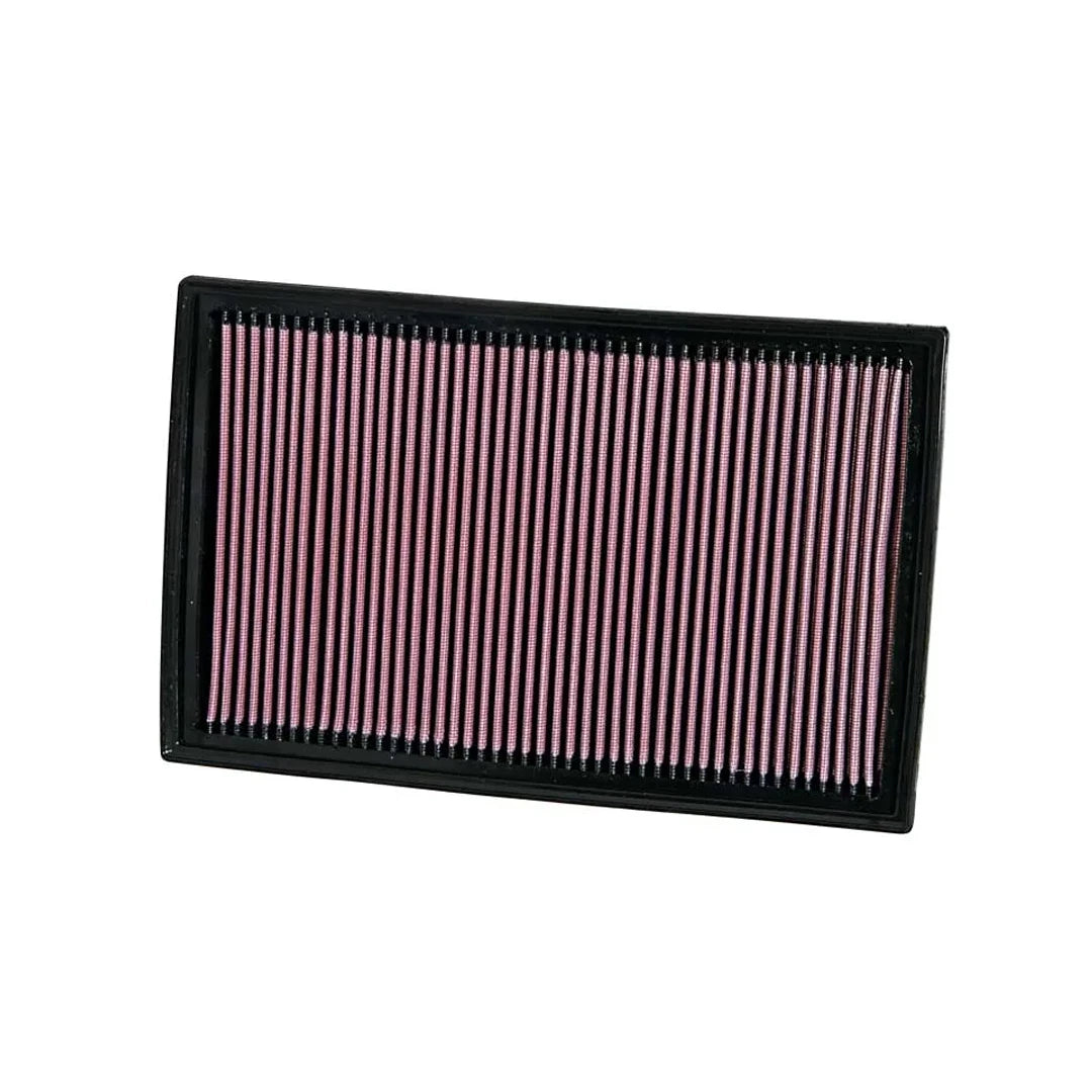 K&N red pleated high performance panel air filter on a white background