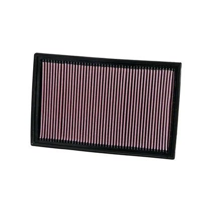 K&N red pleated high performance panel air filter on a white background