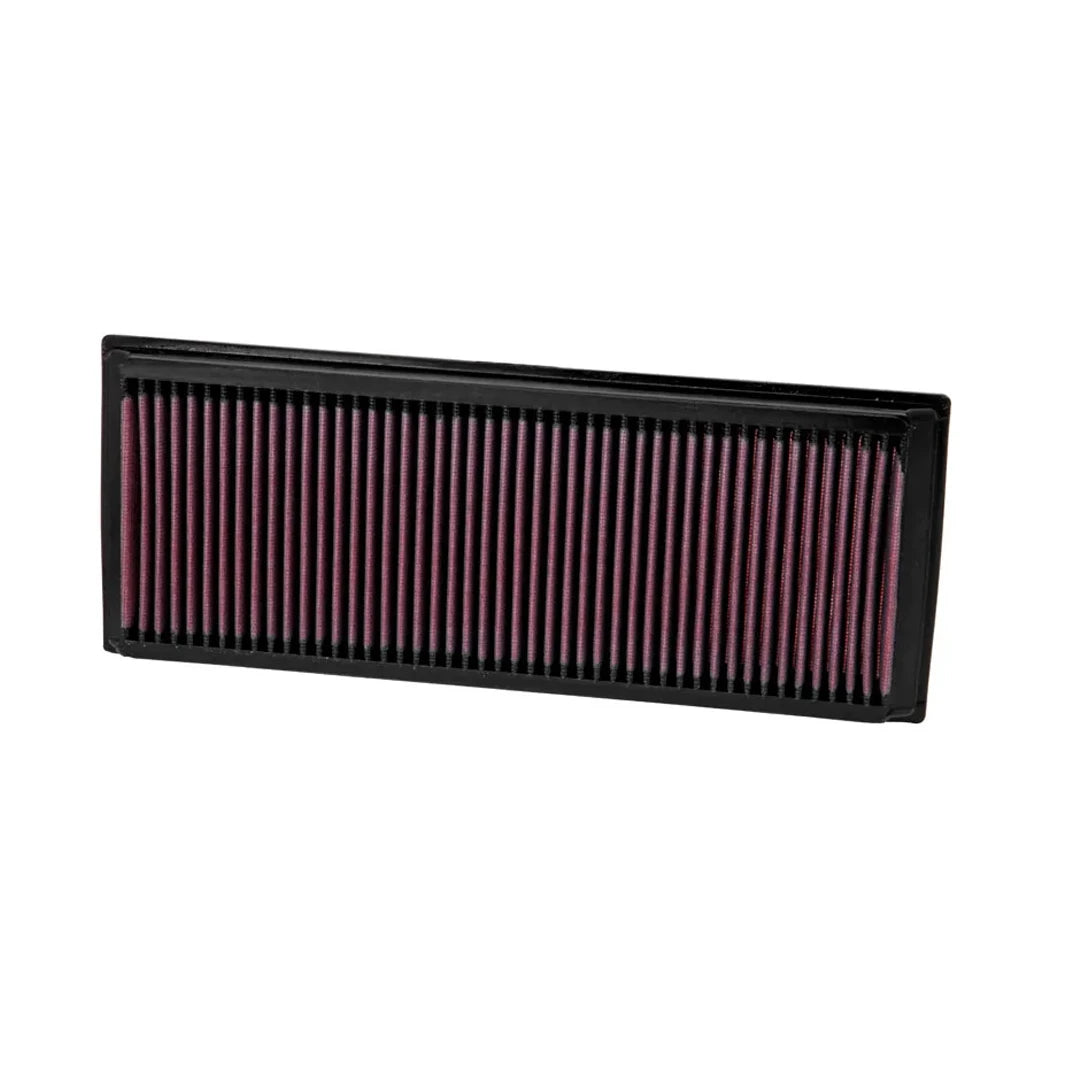 K&N red pleated high performance panel air filter on a white background