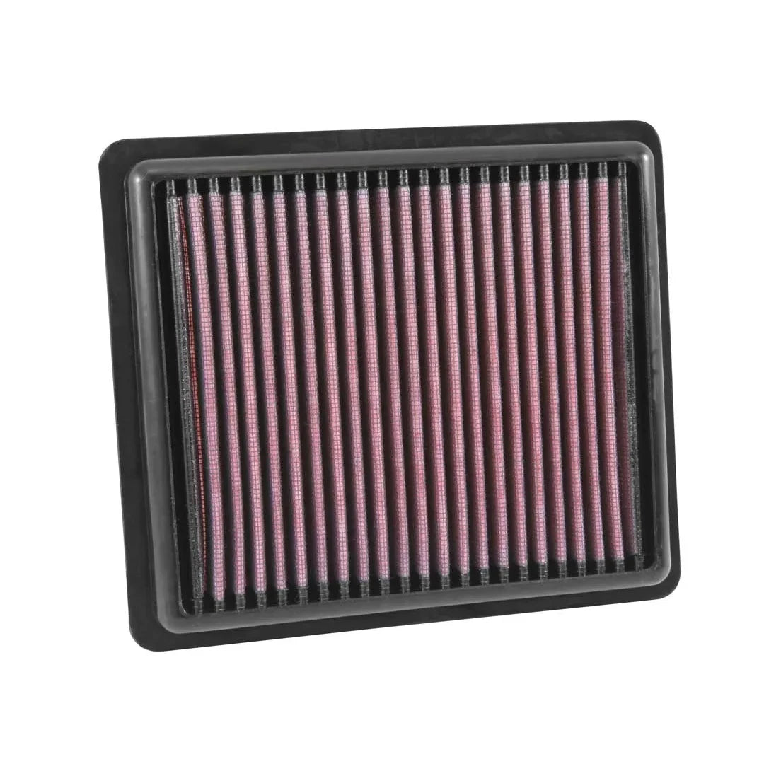 K&N red pleated high performance air filter on a white background