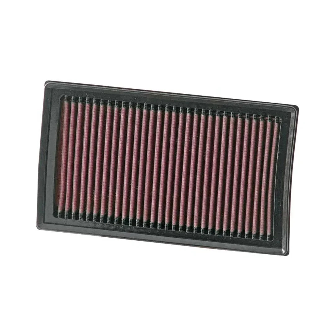 K&N red pleated high performance air filter on a white background