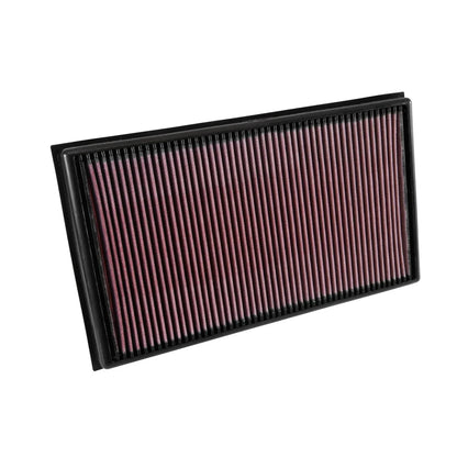 K&N red pleated high performance air filter on a white background