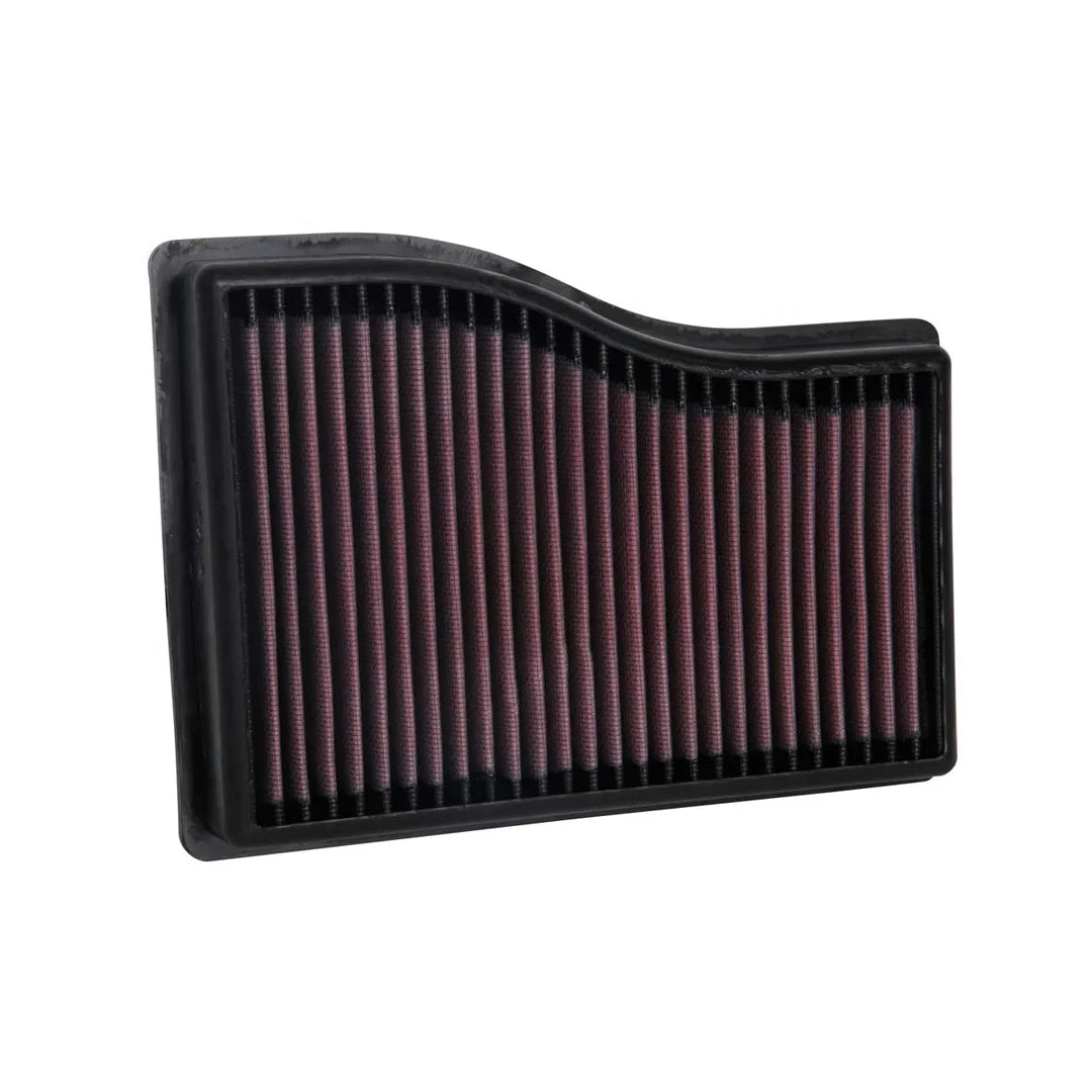 K&N red pleated high performance air filter on a white background