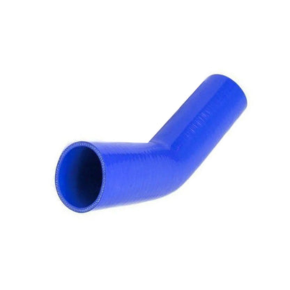 Blue silicone 45 degree hose bend on a white background
