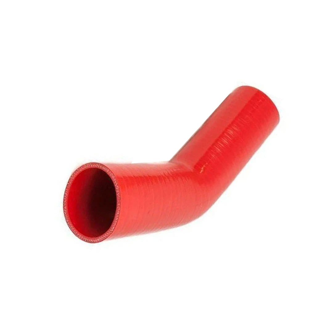 Red silicone 45 degree hose bend on a white background
