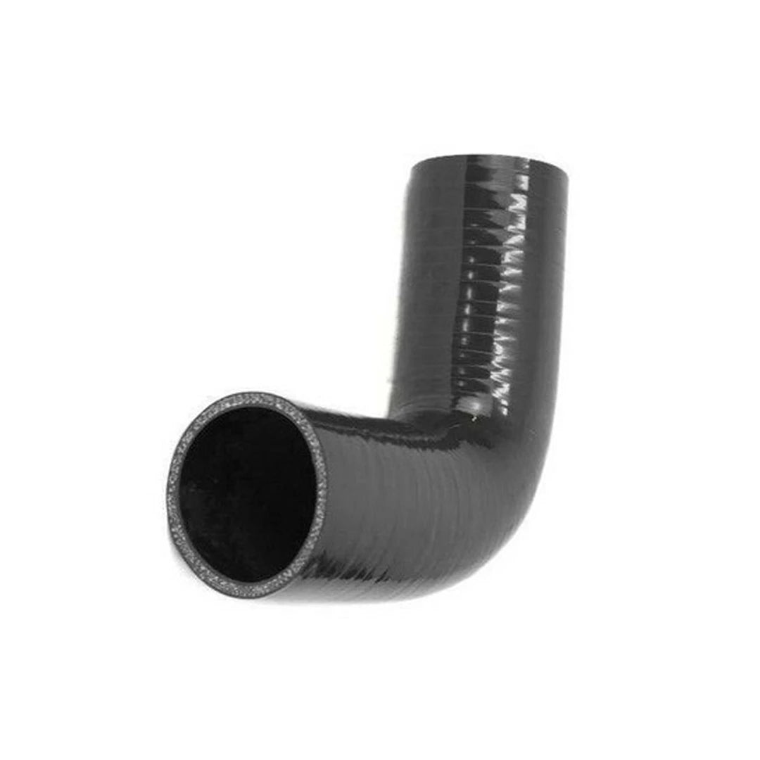 Black silicone 90 degree hose bend on a white background
