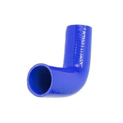 Blue silicone 90 degree hose bend on a white background