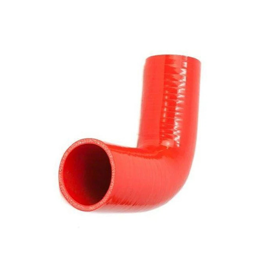 Red silicone 90 degree hose bend on a white background
