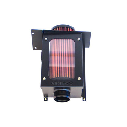 Air filter with metallic housing on a white background