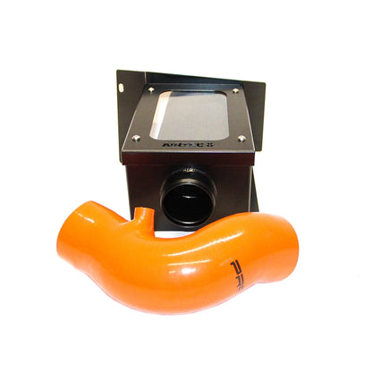 Orange elbow pipe with black square fitting on a white background