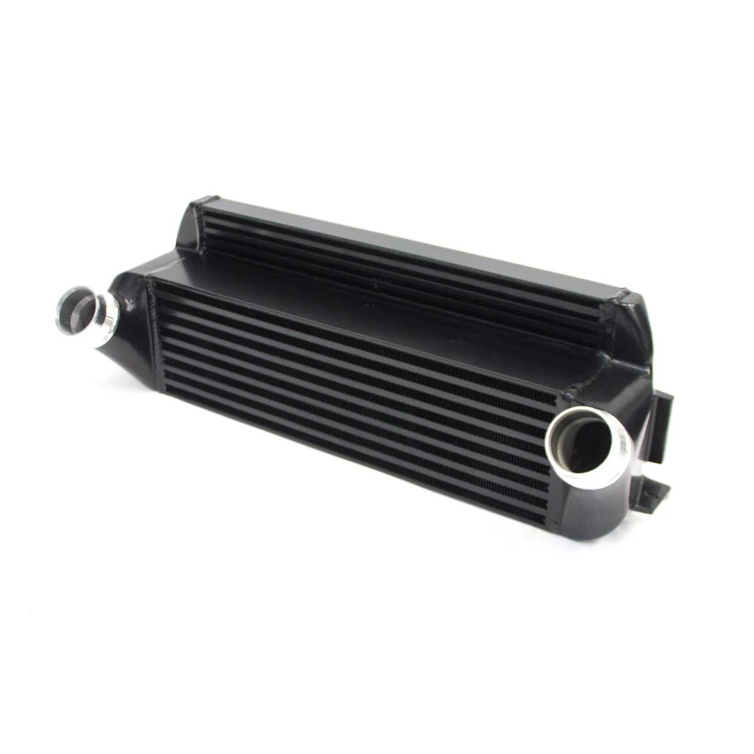 Black metal AIRTEC intercooler on a white background