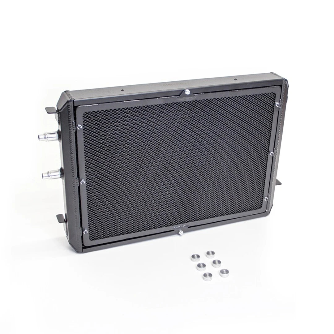 Radiator with mounting hardware on a white background