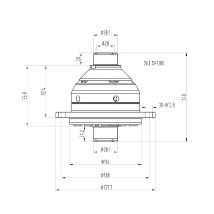 Technical drawing of a Blackline HLF016 limited slip differential