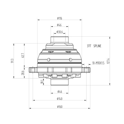 Technical drawing of a Blackline HLF019 limited slip differential