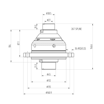 Technical drawing of a Blackline HLF052 limited slip differential