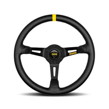 Black steering wheel with yellow accent and Momo logo on a white background