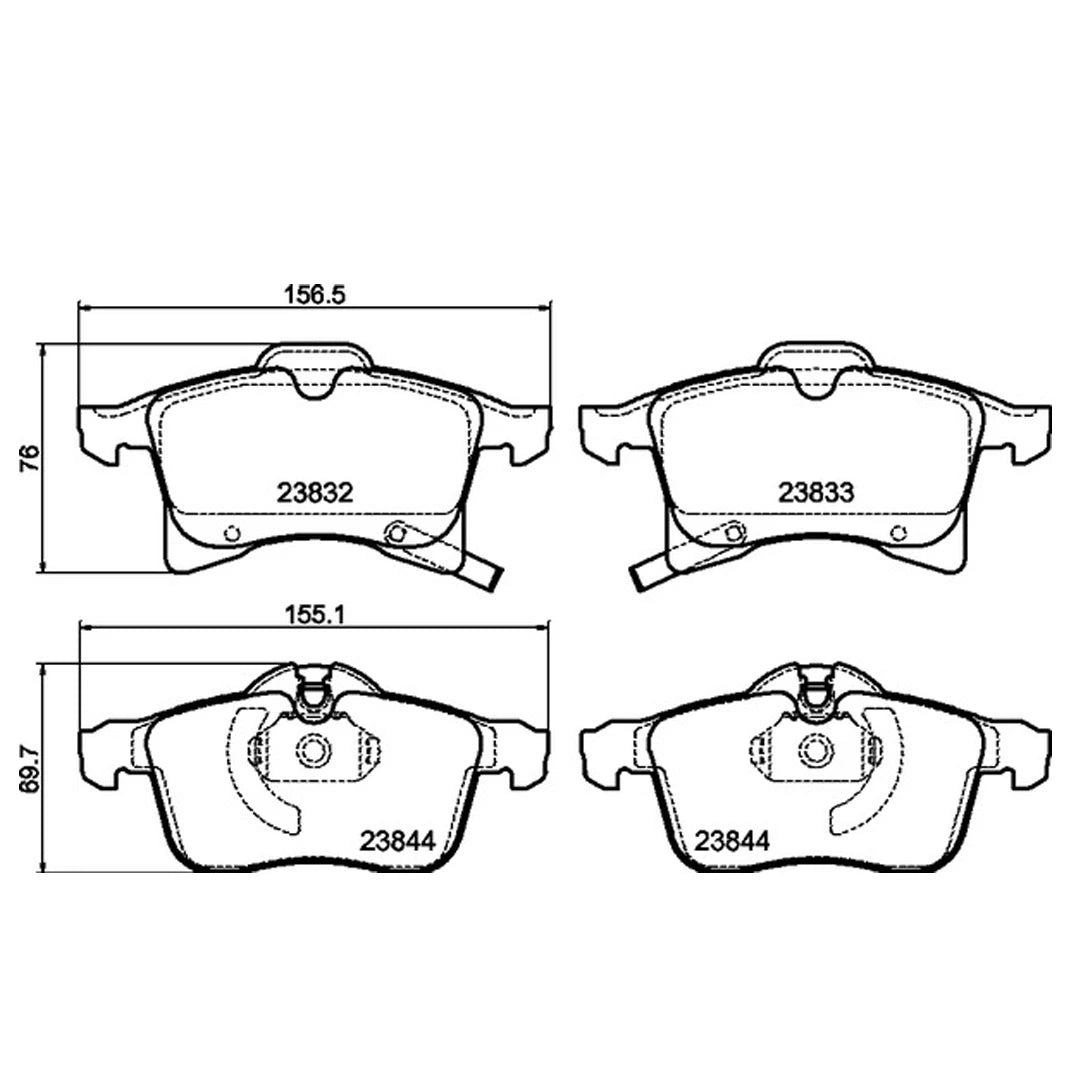 Technical drawing of Mintex MDB2633FR brake pads with dimensions on a white background