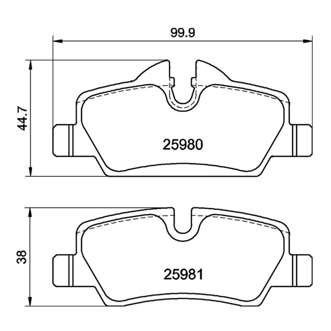 Technical drawing of Mintex MDB3438FR brake pads with dimensions