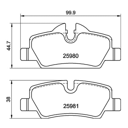Technical drawing of Mintex MDB3438FR brake pads with dimensions