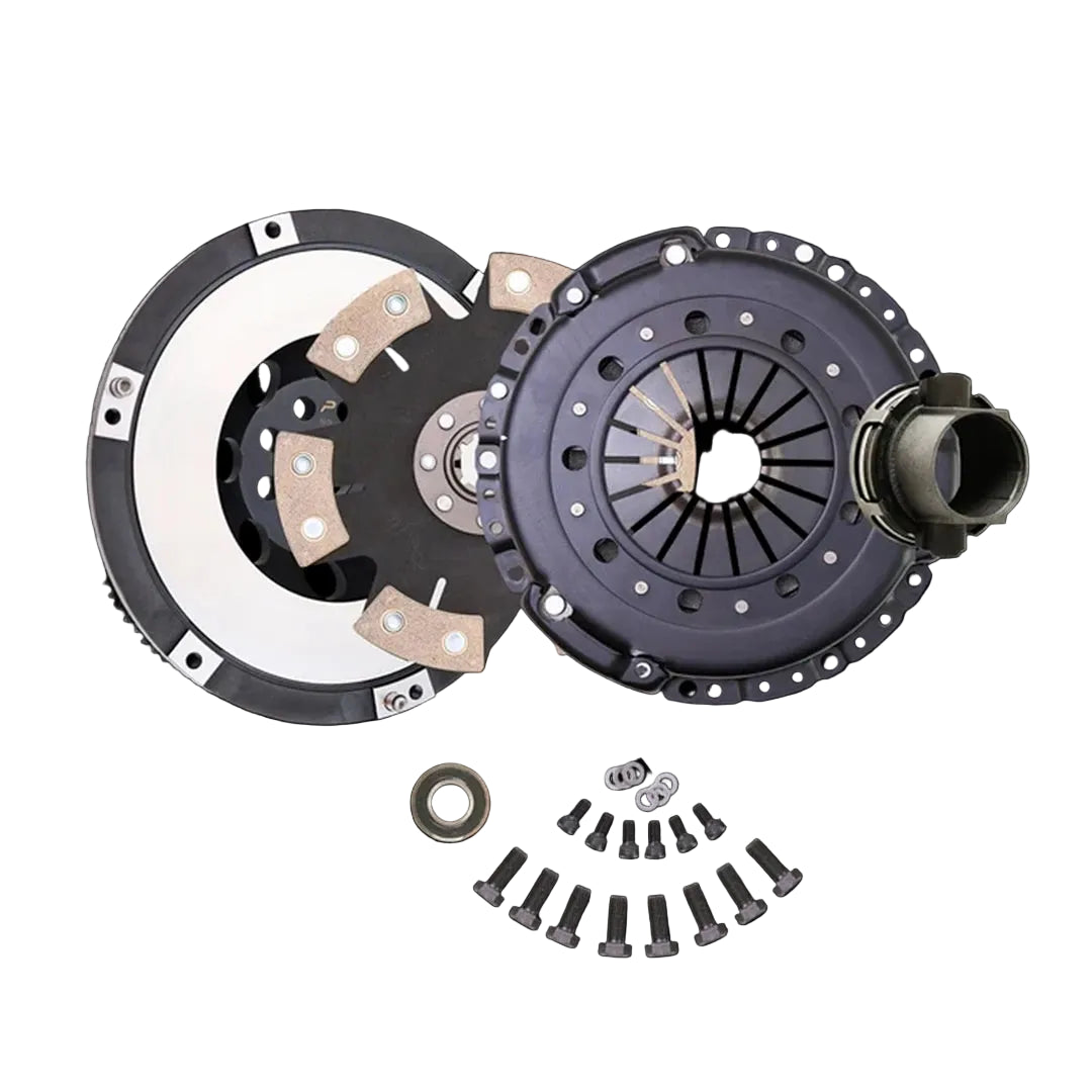 A clutch kit including a pressure plate, flywheel, release bearing, clutch plates, and screws