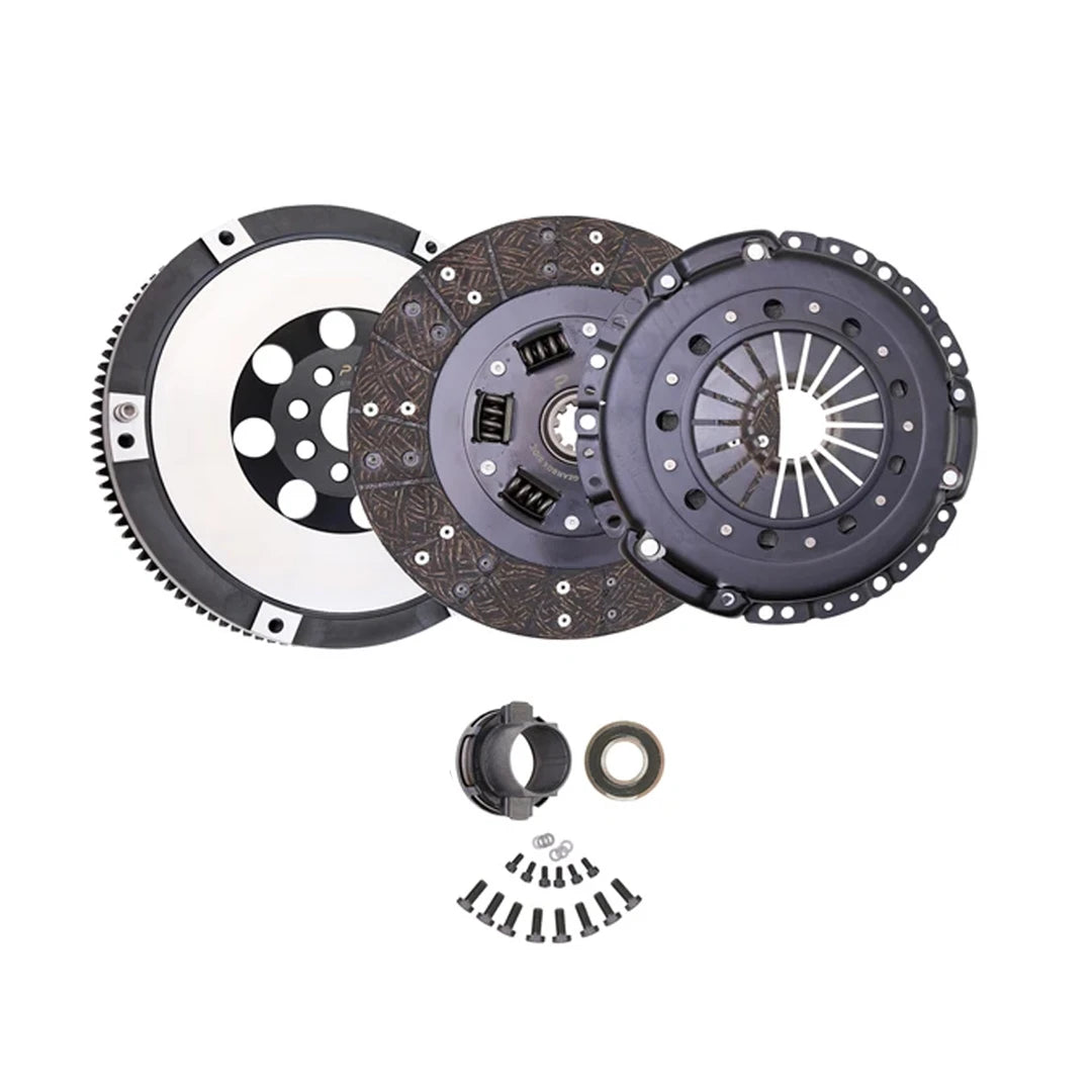 A clutch kit set, including a pressure plate, flywheel, clutch disc, release bearing, seal, and mounting hardware.