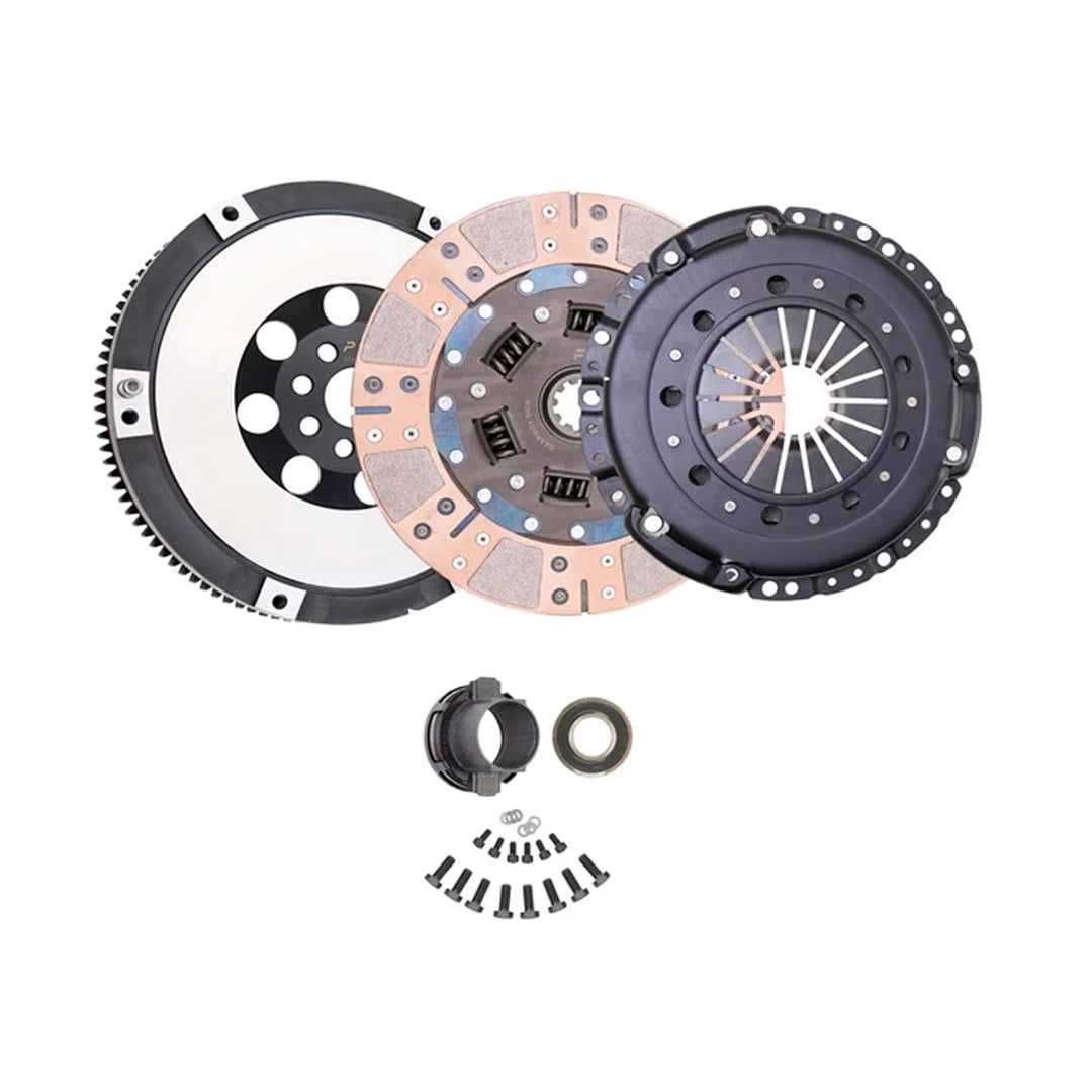 A clutch assembly kit including a flywheel, pressure plate, clutch disc, release bearing, bearing cap, and mounting hardware