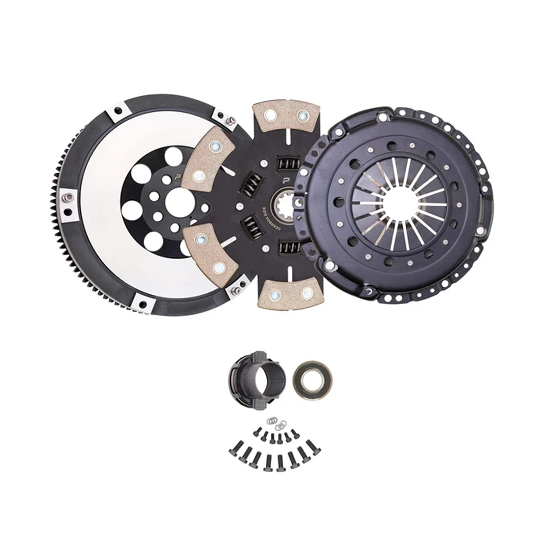 A clutch assembly kit including a pressure plate, flywheel, clutch disc, release bearing, seal, and mounting hardware