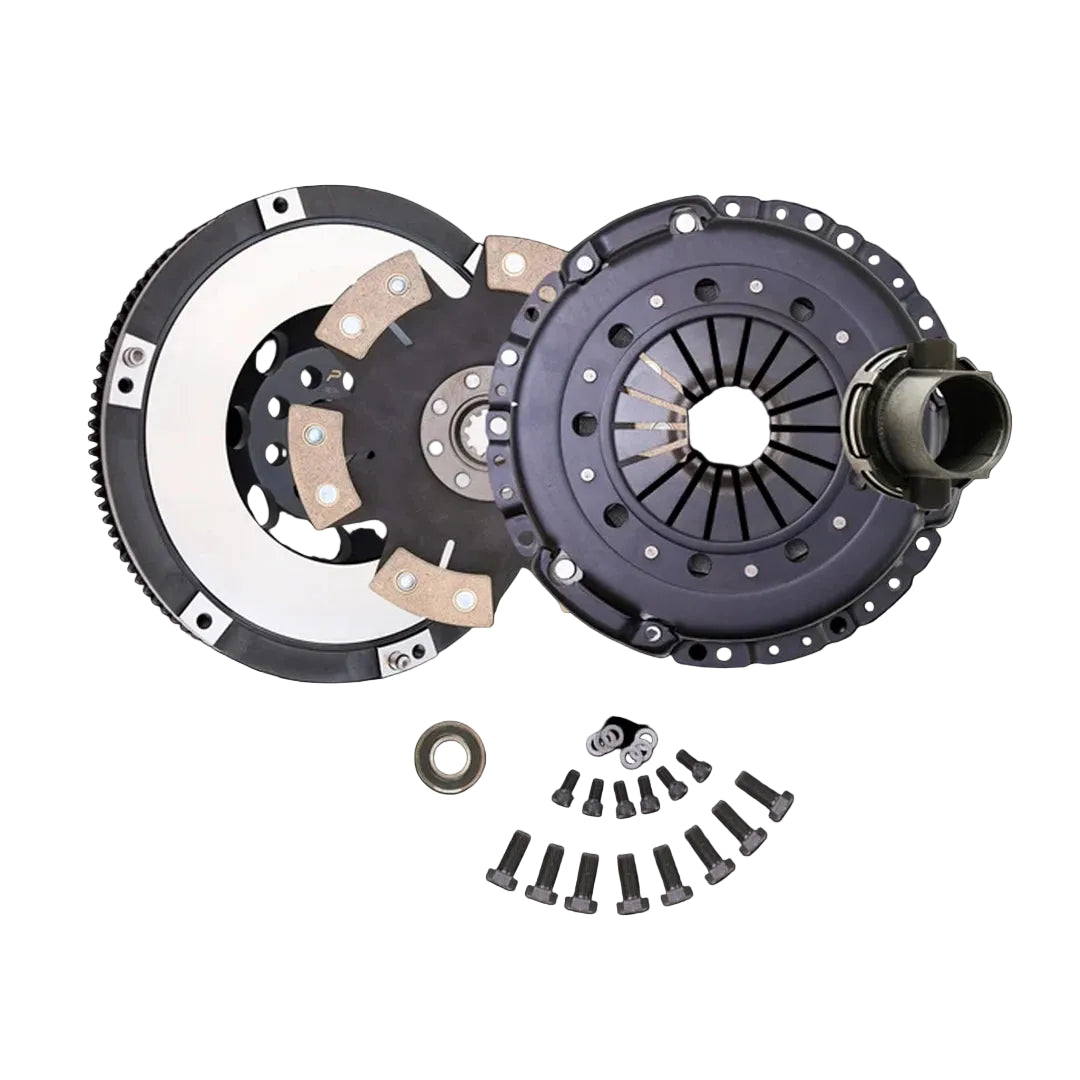 A clutch assembly kit including a flywheel, pressure plate, release bearing, and mounting hardware