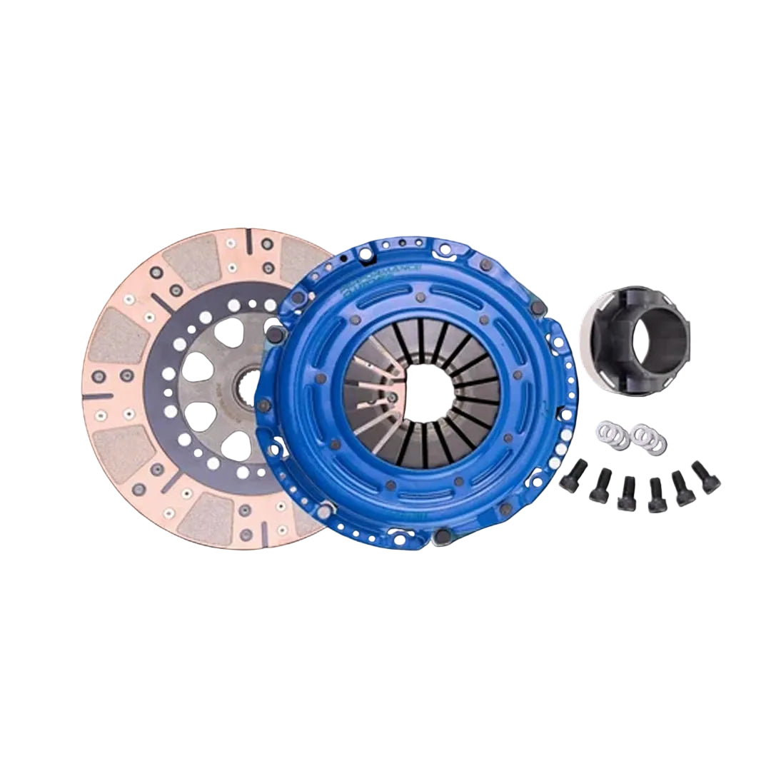 A clutch assembly kit featuring a blue anodized pressure plate, a copper-toned friction disc, a black release bearing.