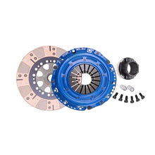 A clutch assembly kit featuring a blue anodized pressure plate, a copper-toned friction disc, a black release bearing.