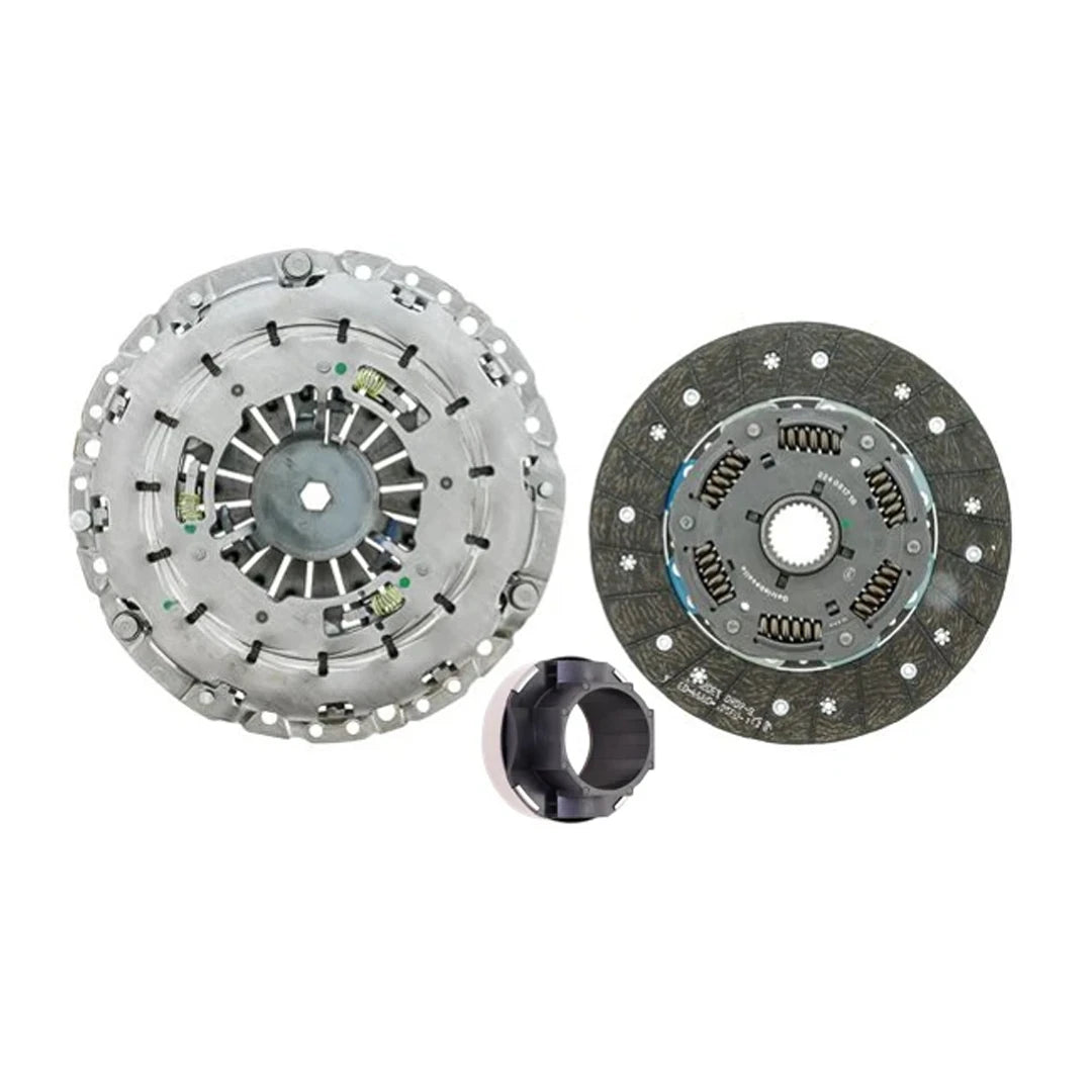 An automotive clutch assembly set consisting of a silver steel pressure plate, a dark gray friction disc with springs, and a small black release bearing