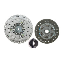 An automotive clutch assembly set consisting of a silver steel pressure plate, a dark gray friction disc with springs, and a small black release bearing