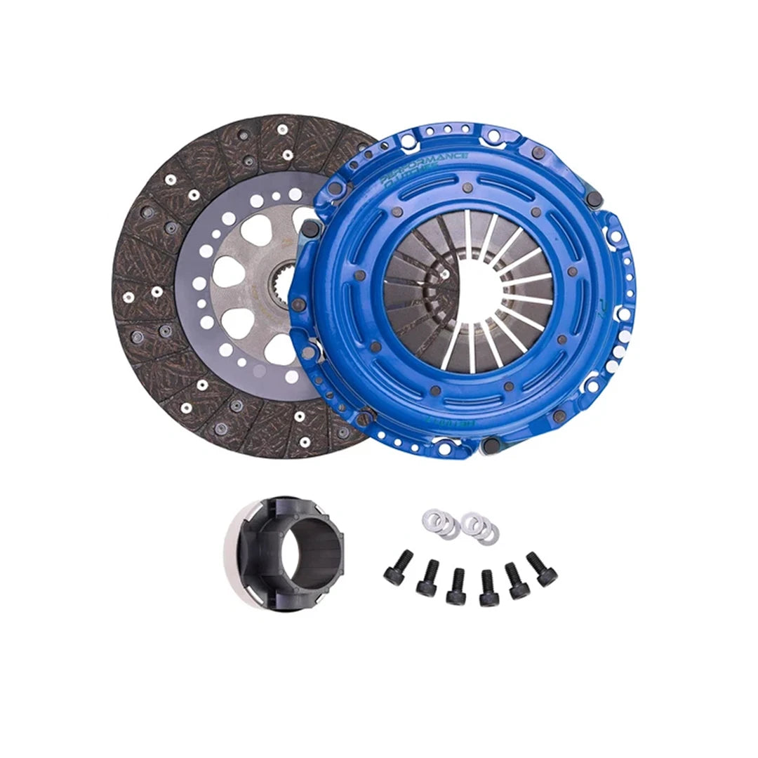 A clutch assembly kit including a blue anodized pressure plate, a dark gray friction disc, a black release bearing, and several black and silver hardware bolts and washers