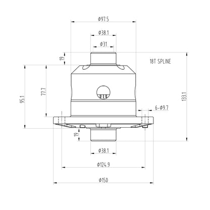 Technical drawing of a Blackline PLF120 limited slip differential