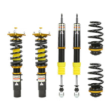 Set of four yellow speed racing coilovers on a white background