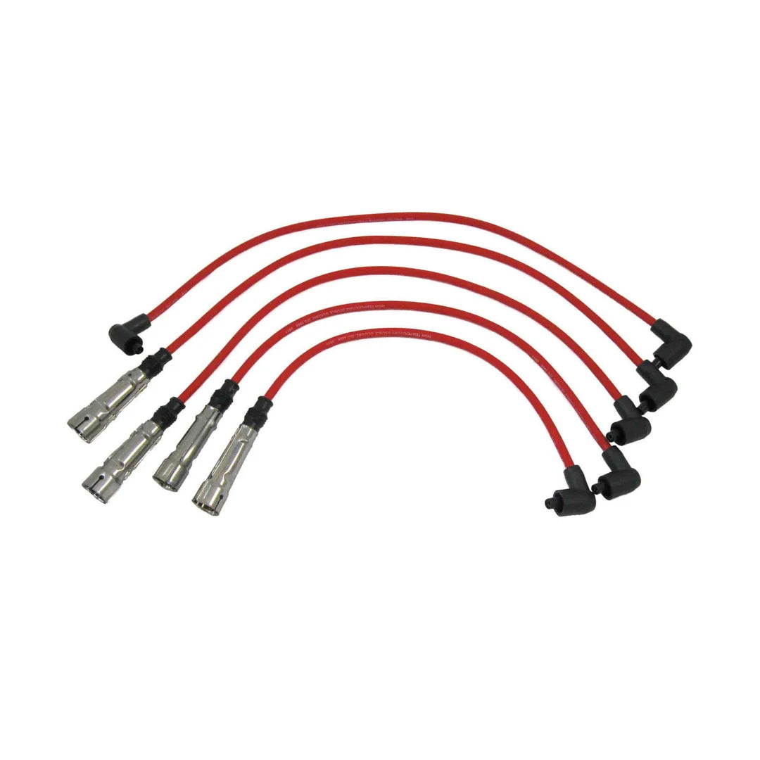 Set of red ignition wires with black connectors on a white background