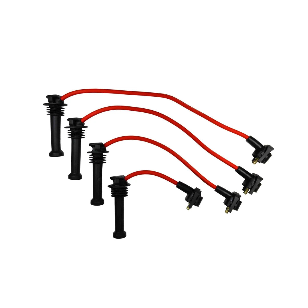 Set of red ignition cables with black connectors on a white background