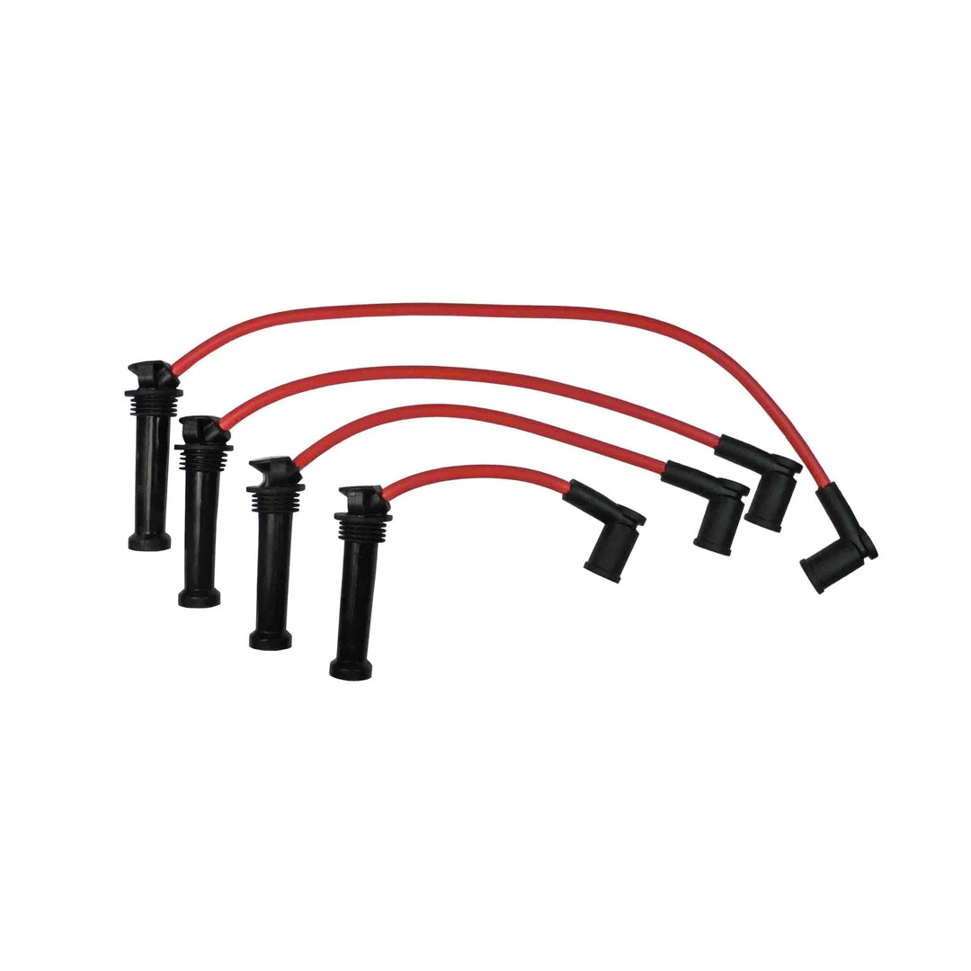 Set of red ignition cables with black connectors on a white background